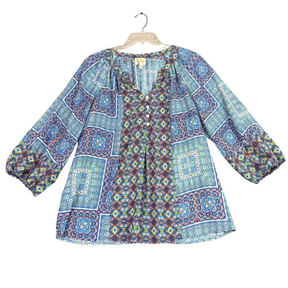 Fig and FlowerAnthropologie M Blue Patchwork Blouse Boho 3/4 Sleeve Boho Paisley